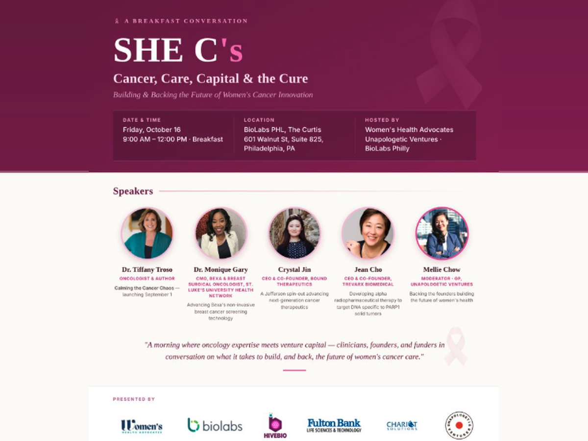 SHE C's event flyer: Cancer, Care, Capital & the Cure — a breakfast conversation on women's cancer innovation at BioLabs PHL in Philadelphia on Friday, October 16, featuring Dr. Tiffany Troso, Dr. Monique Gary, Crystal Jin, Jean Cho, and Mellie Chow as moderator